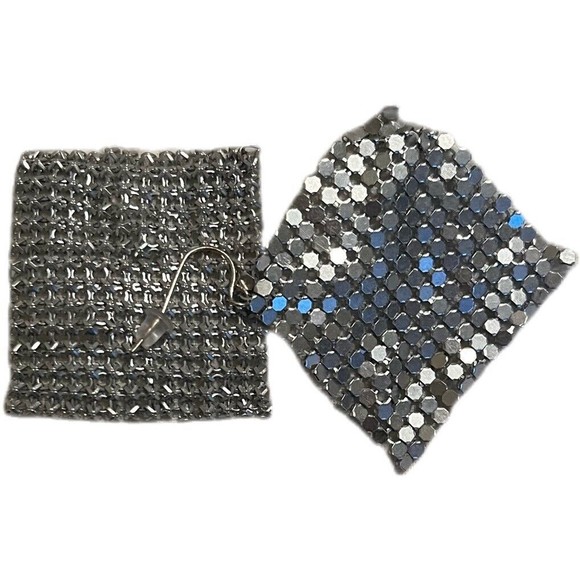 Silver Colored Metal Mesh Chainmail Rhombus Shape Drop Dangle Hook Earrings - Picture 4 of 8